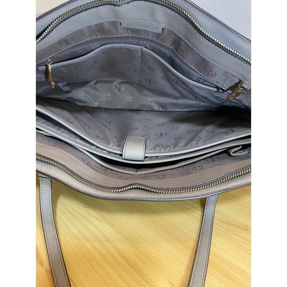Tory Burch Emerson Large Zip Tote Gray Saffiano Leather Laptop Work Bag